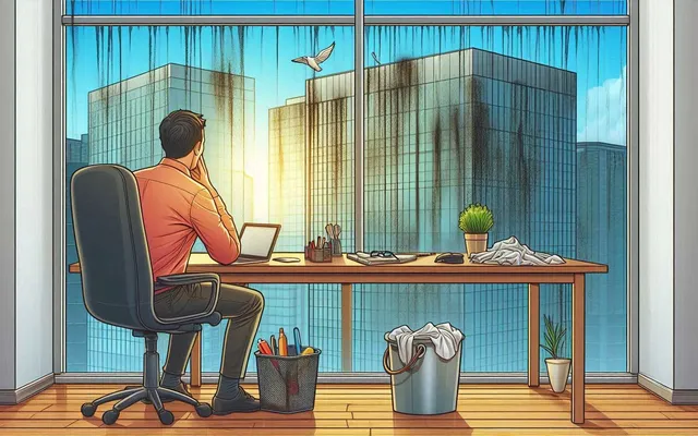 Man working in office with cityscape and flying bird and dirty windows