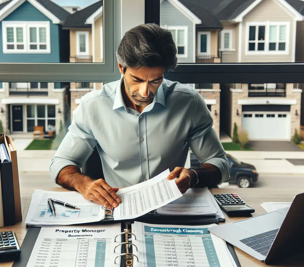 Property manager reviewing documents in office with houses outside
