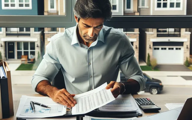Property manager reviewing documents in office with houses outside