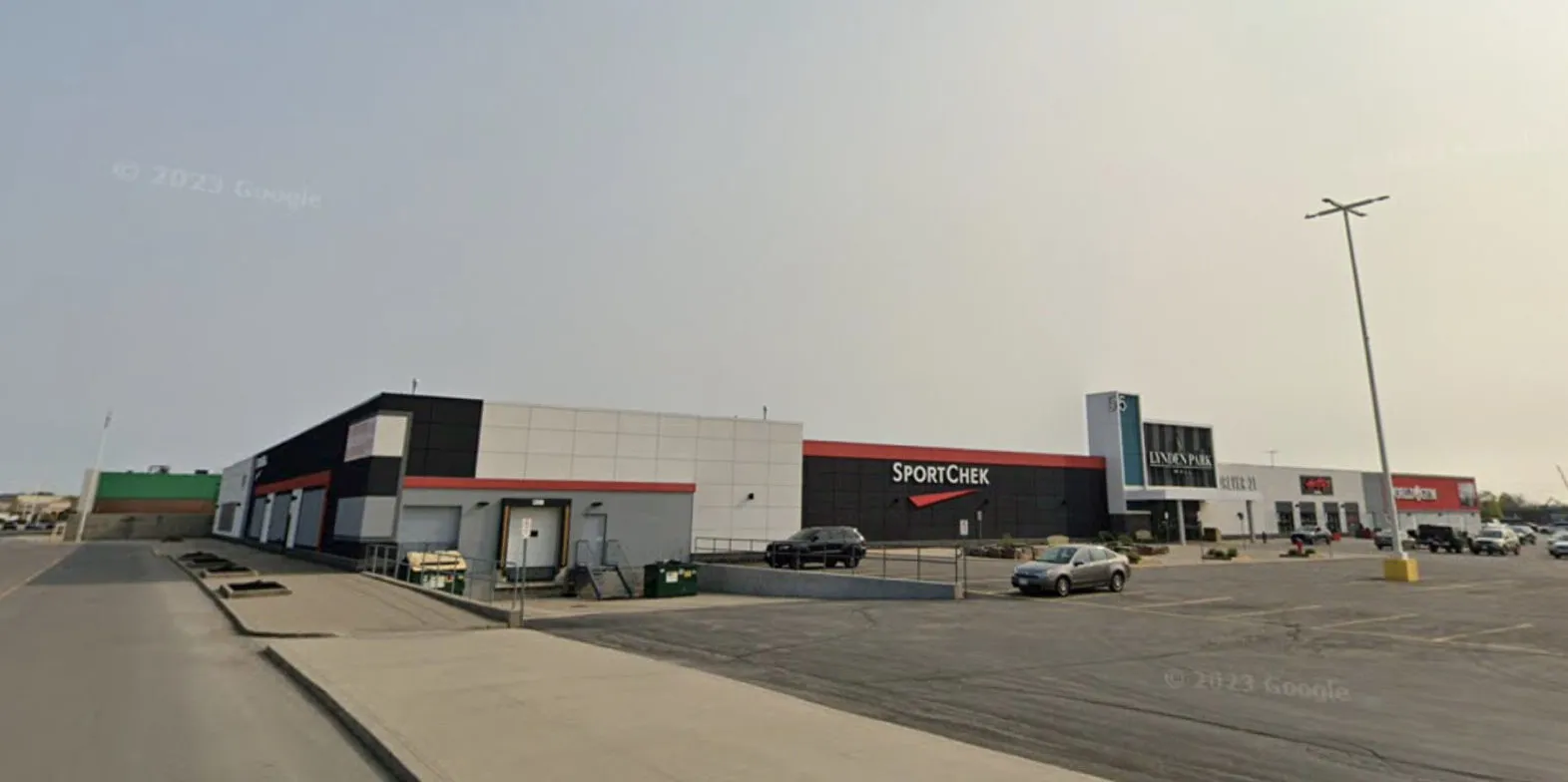 SportChek store exterior in a spacious parking lot at Lynden Park Mall, Brantford