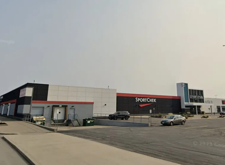SportChek store exterior in a spacious parking lot at Lynden Park Mall, Brantford