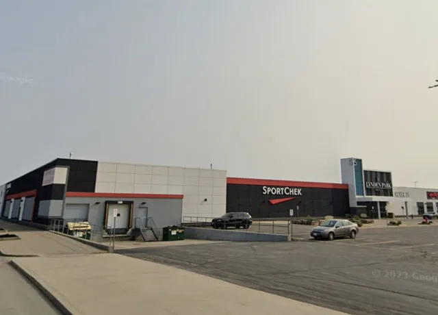 SportChek store exterior in a spacious parking lot at Lynden Park Mall, Brantford