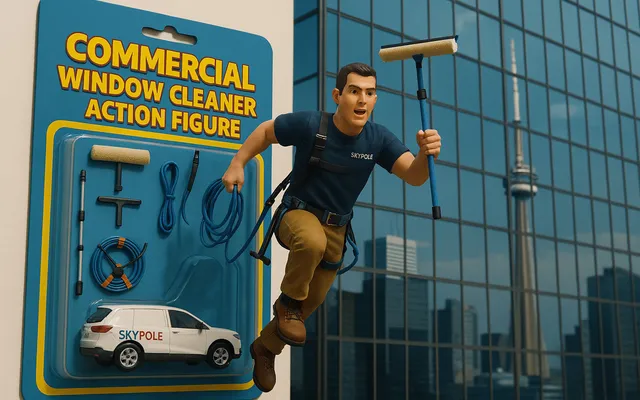 Toy action figure of a commercial window cleaner in Toronto. Skypole