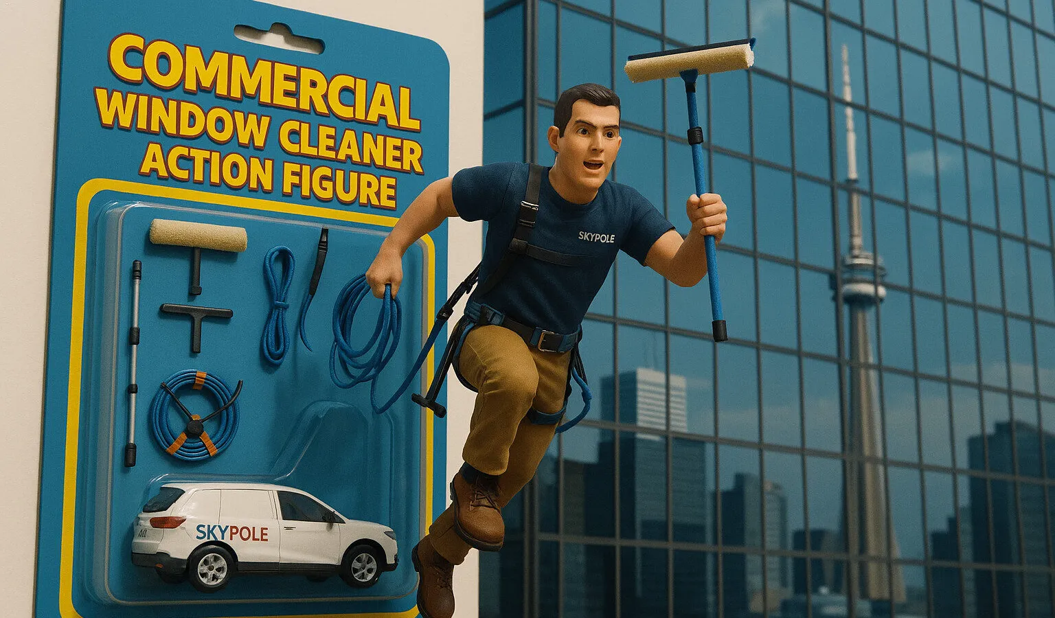 Toy action figure of a commercial window cleaner in Toronto. Skypole