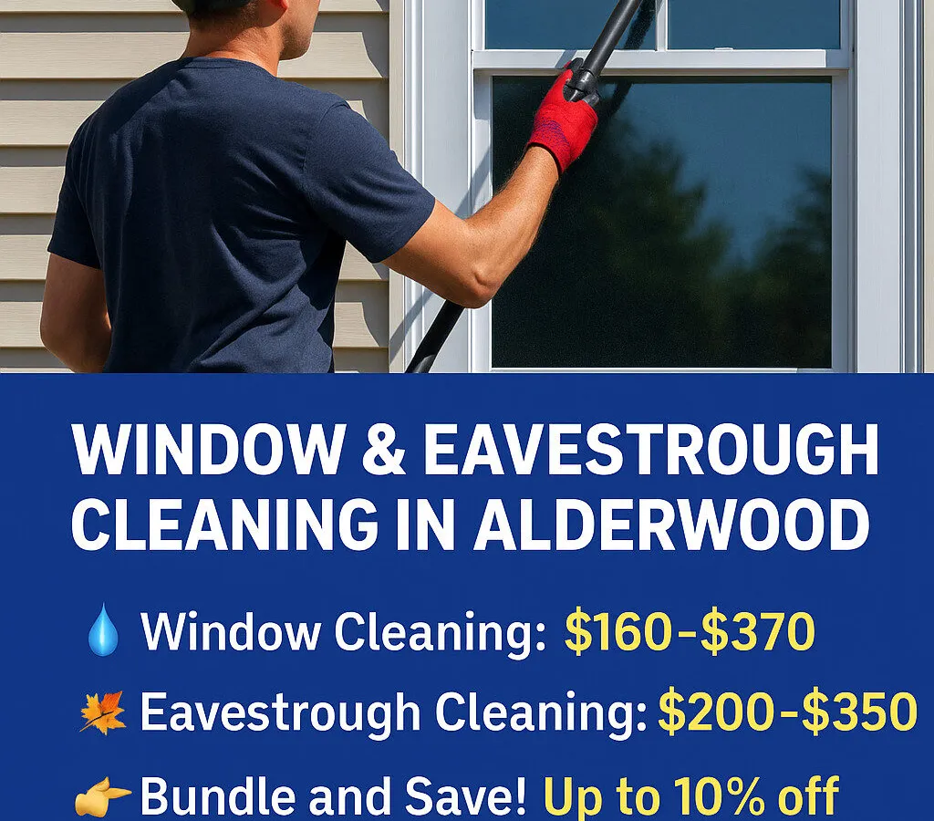 Worker cleaning window, promotional service pricing listed for Alderwood