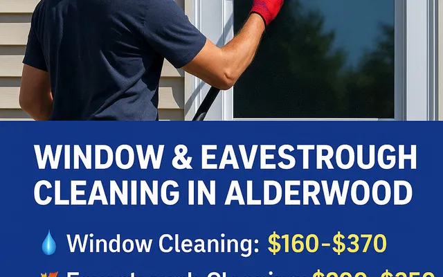 Worker cleaning window, promotional service pricing listed for Alderwood