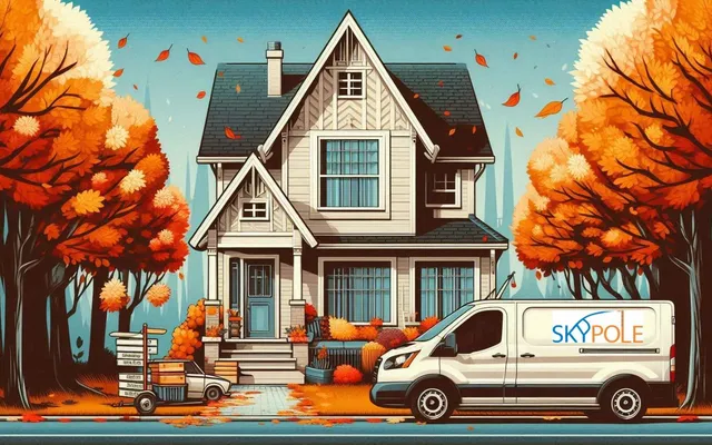 Illustrated autumn scene with house and Skypole window cleaning van