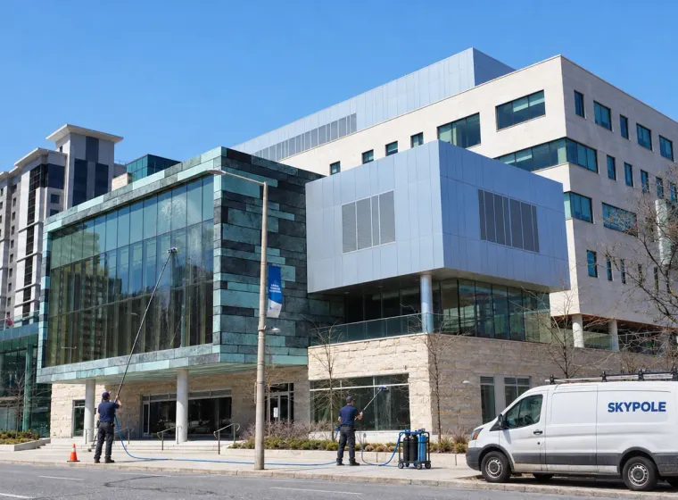 SKYPOLE crew using water-fed poles to clean exterior windows at McMaster University Health Sciences Campus in Hamilton, with a branded service van nearby.