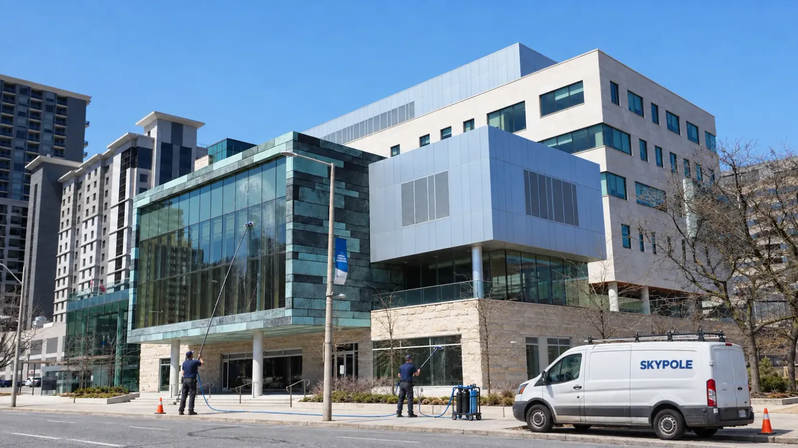 SKYPOLE crew using water-fed poles to clean exterior windows at McMaster University Health Sciences Campus in Hamilton, with a branded service van nearby.