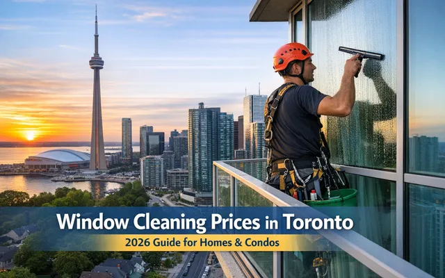Window cleaner working high above Toronto skyline