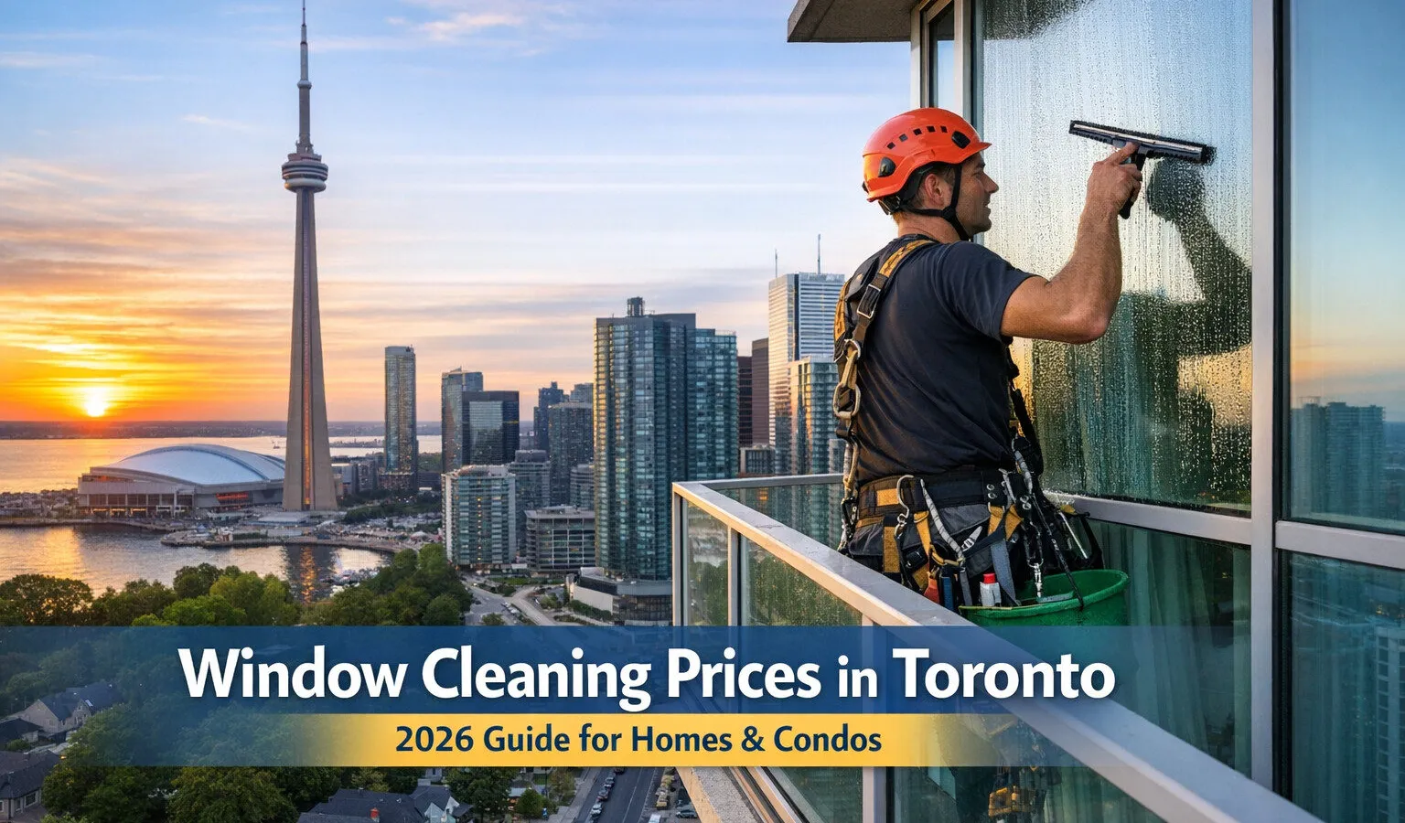 Window cleaner working high above Toronto skyline