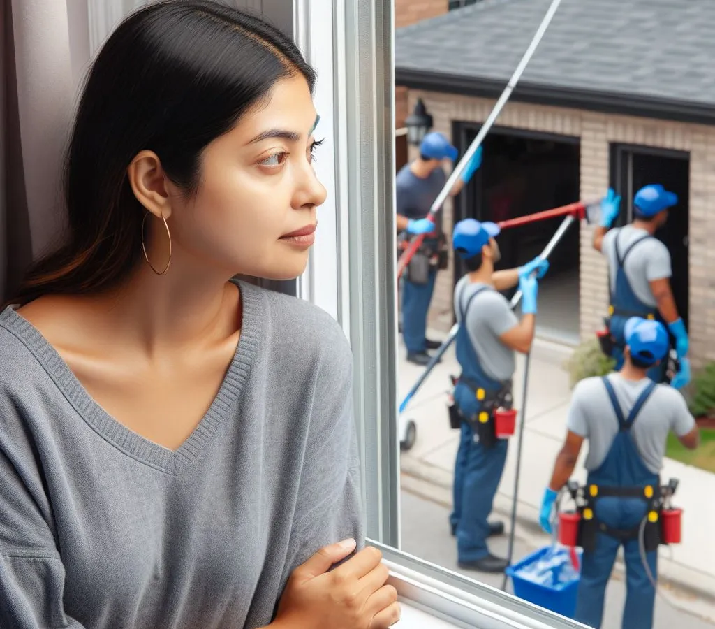 Woman watching window cleaners working at suburban home