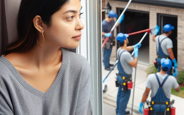 Woman watching window cleaners working at suburban home