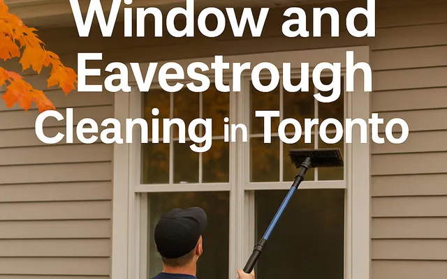 Worker cleaning house windows during autumn in Toronto