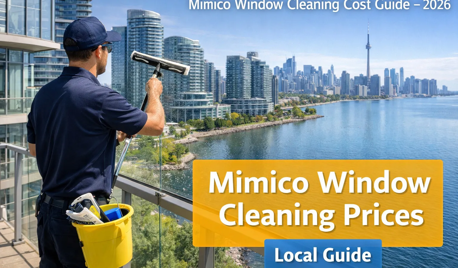 Window cleaning price guide Mimico. Man cleaning windows of condo building in Mimico.