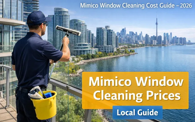 Window cleaning price guide Mimico. Man cleaning windows of condo building in Mimico.
