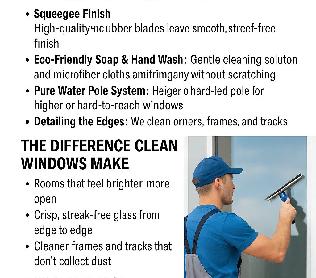 A Skypole window cleaning technician using a squeegee on a bright, streak-free window of a two-story home in Alderwood, Etobicoke. The worker wears a blue uniform with the Skypole logo.