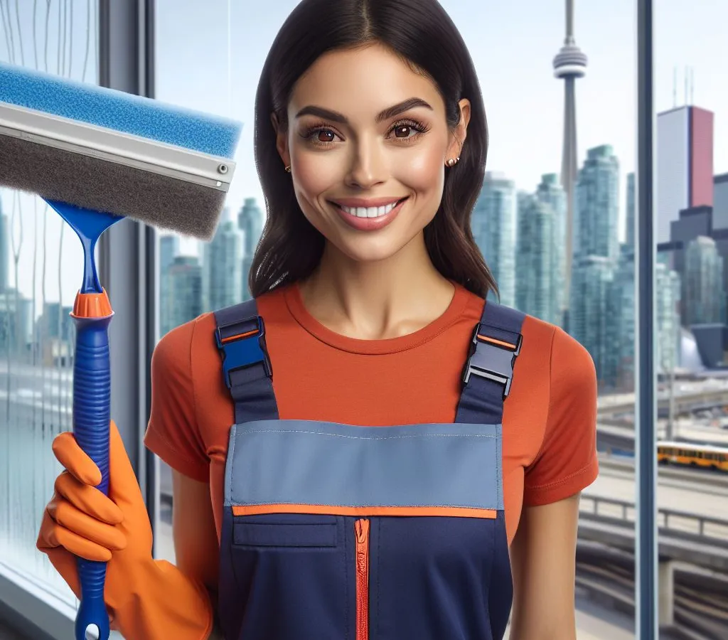 Smiling window cleaner with squeegee in urban setting in Toronto, pretty woman
