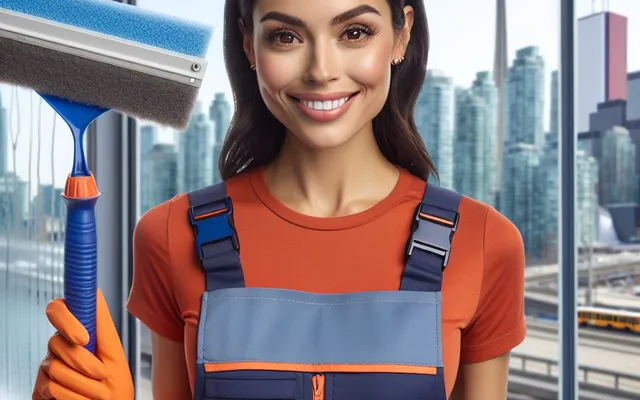 Smiling window cleaner with squeegee in urban setting in Toronto, pretty woman