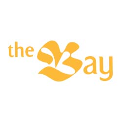 The Bay logo with stylized yellow ribbon design.