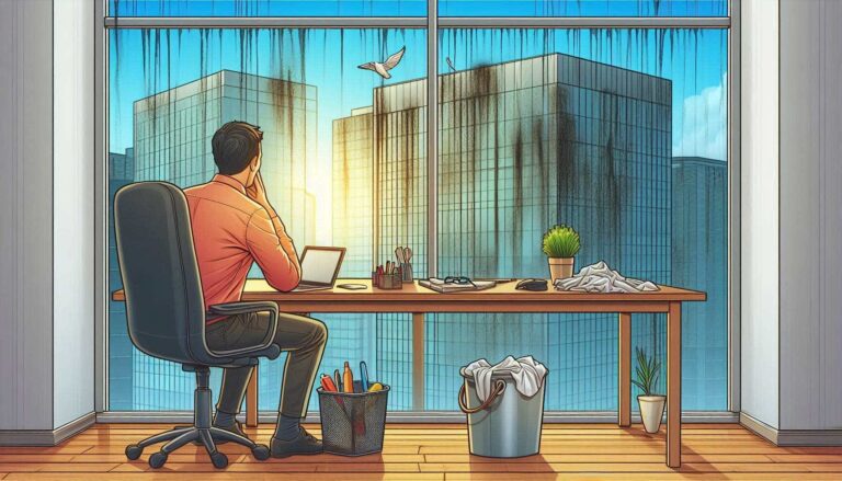 Man working in office with cityscape and flying bird and dirty windows
