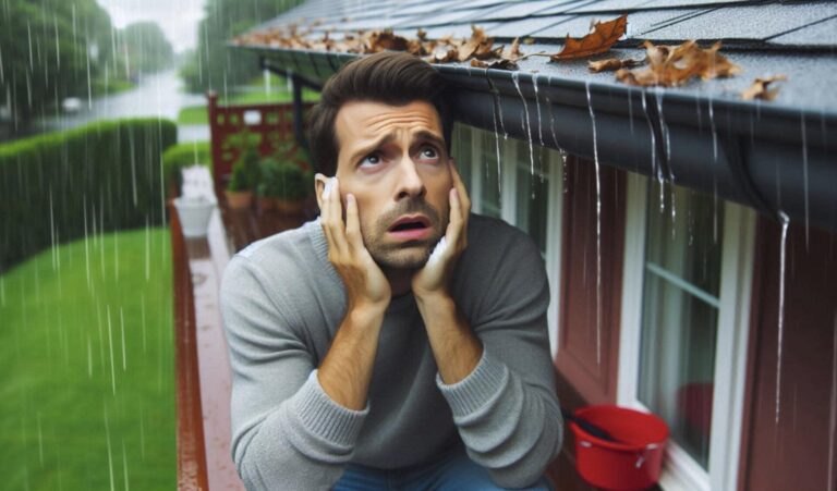 Man alarmed by overflowing gutter during rainstorm