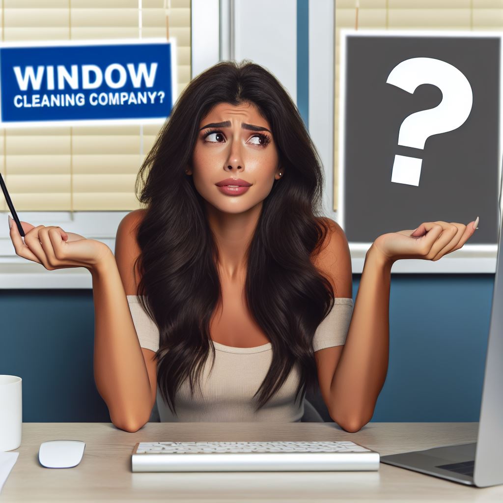 Confused woman at desk with computer and question mark