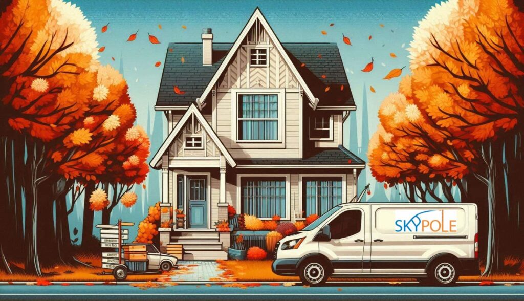 Illustrated autumn scene with house and Skypole window cleaning van
