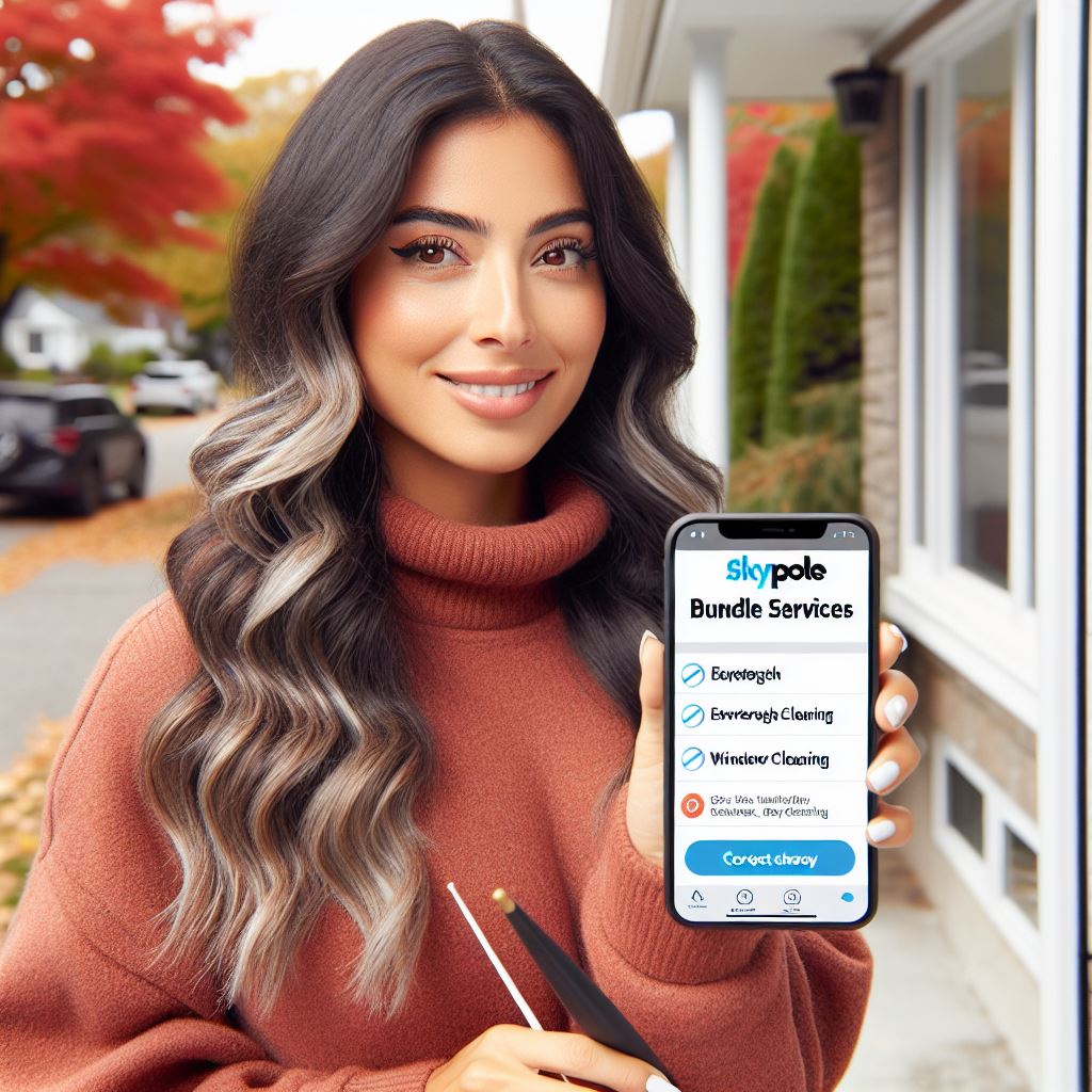 Woman showing home service options on phone app from Skypole