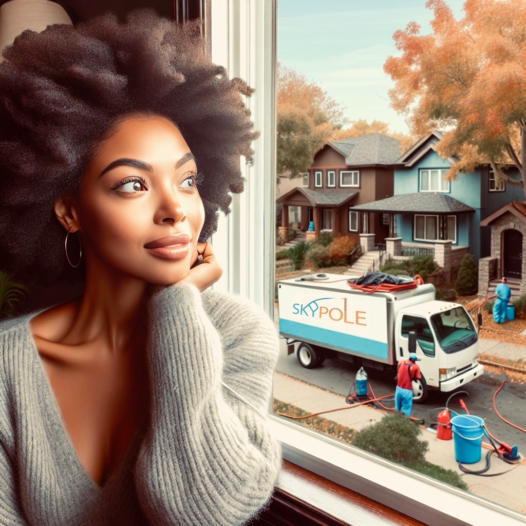 Woman gazing out window at suburban street with workers in Alderwood