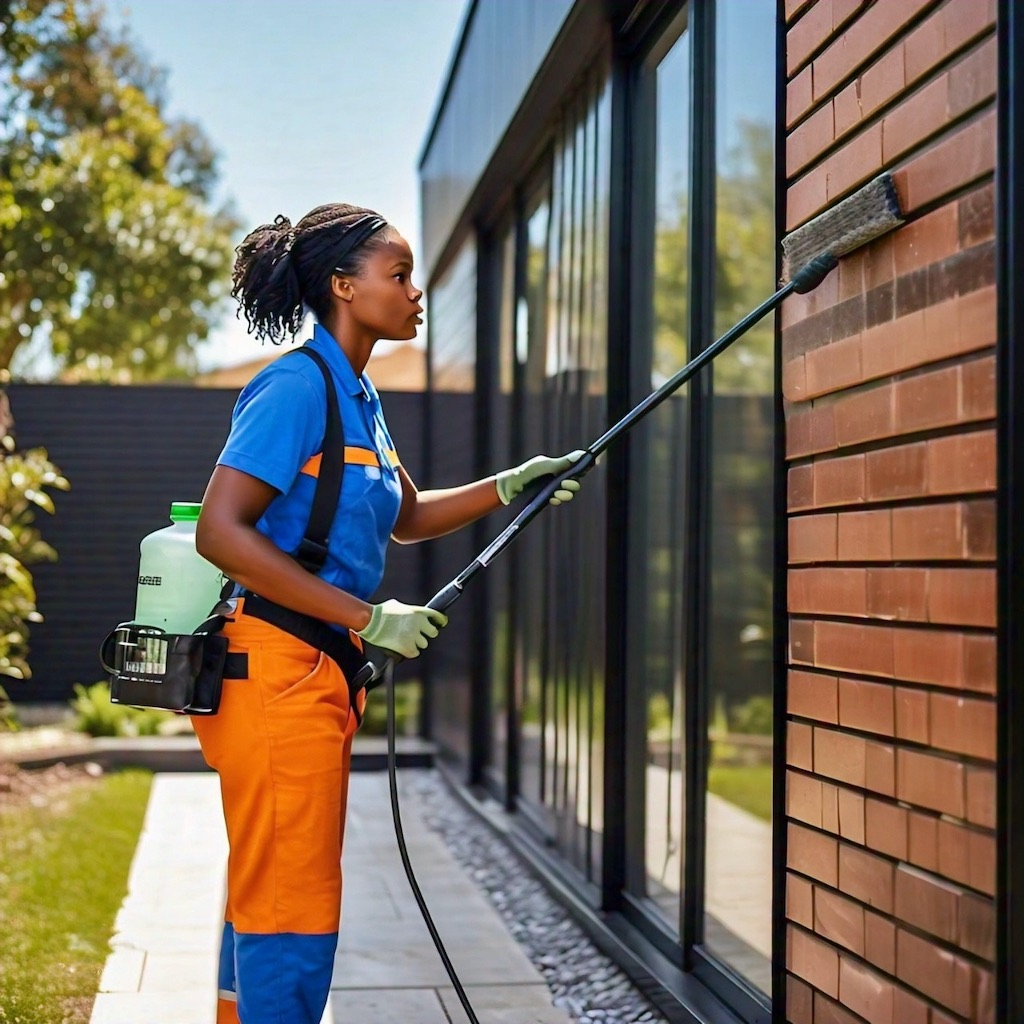 Worker cleaning siding of house with a water fed pole