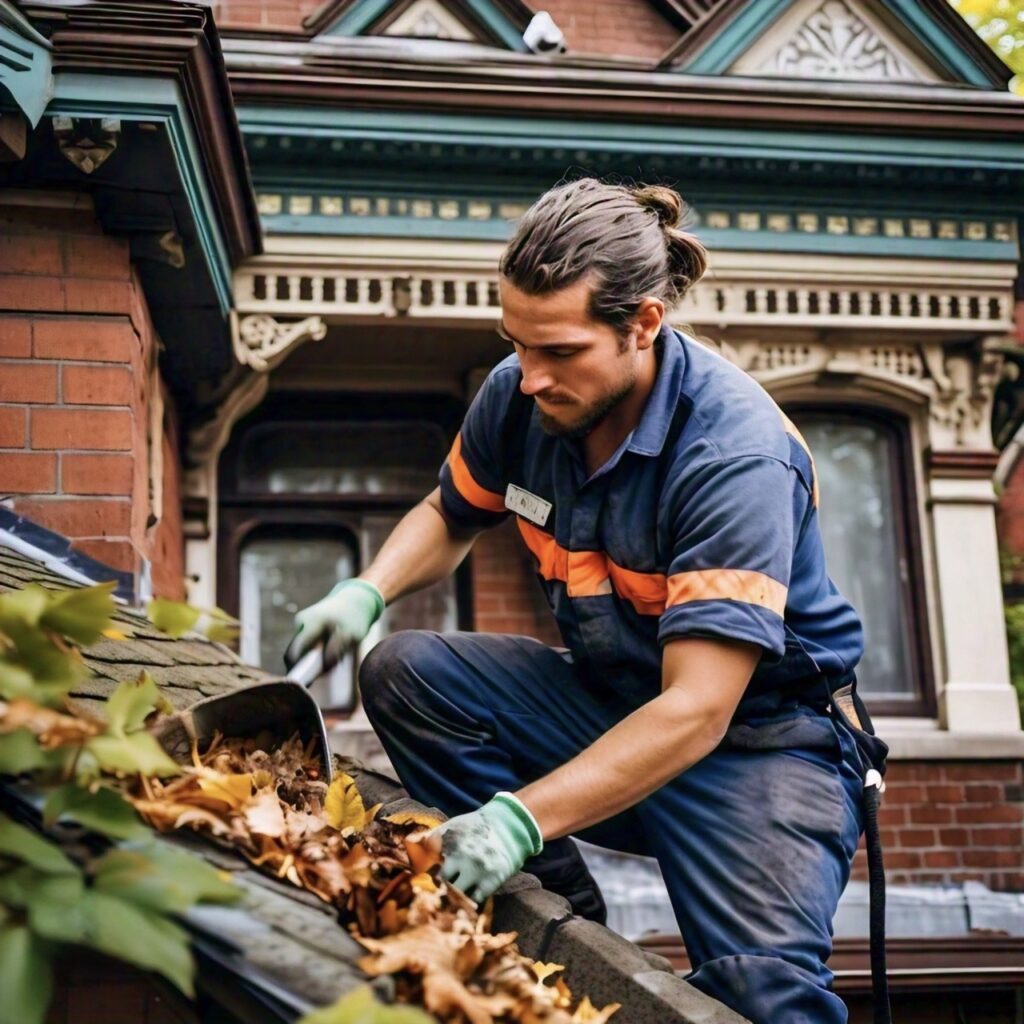 Worker cleaning leaves from gutter on house roof in Toronto