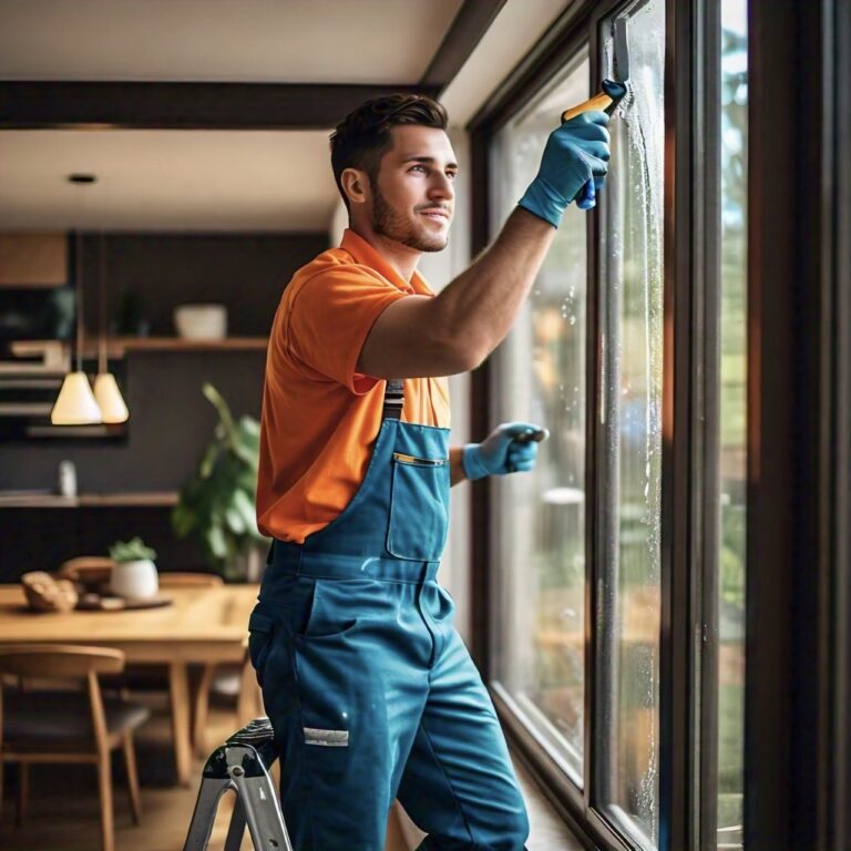 Man cleaning window indoors wearing orange shirt and blue overalls