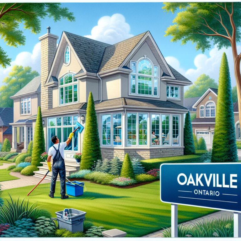 Man cleaning windows of a house in Oakville, Ontario