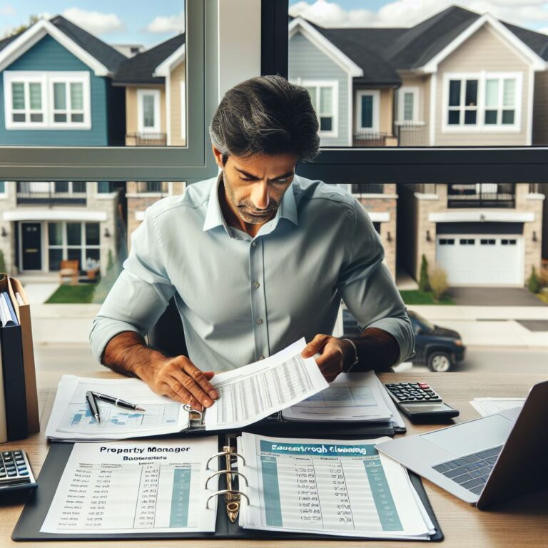 Property manager reviewing documents in office with houses outside