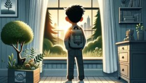 Boy gazing out window at urban sunrise, room with plants