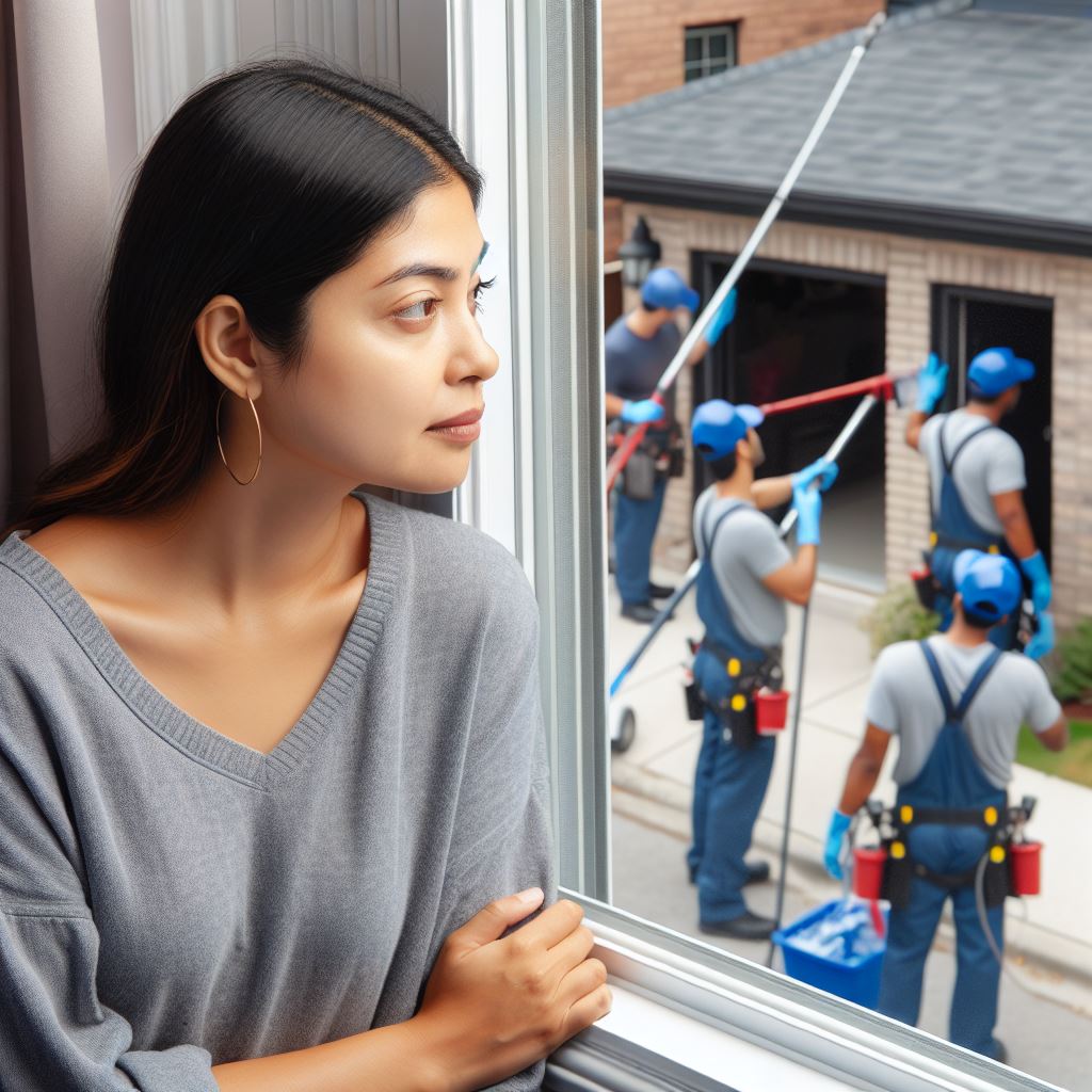 Woman watching window cleaners working at suburban home
