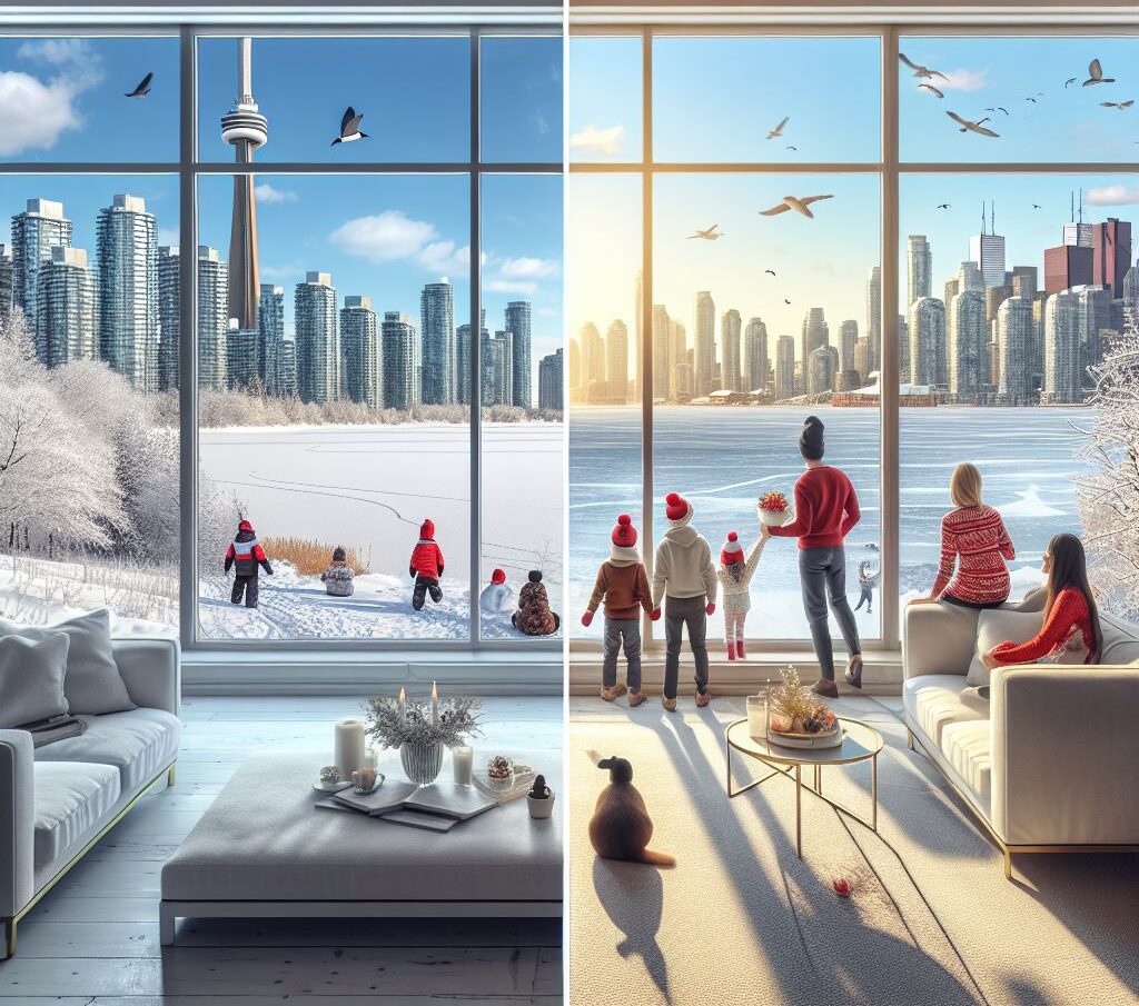 Family viewing winter cityscape through a panoramic window, after windows have been cleaned in the Winter