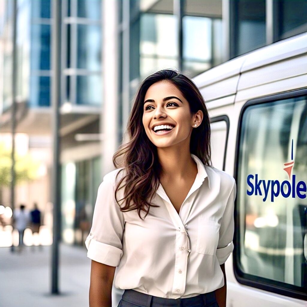 Smiling woman in business attire near city tram. Happy she picked Skypole
