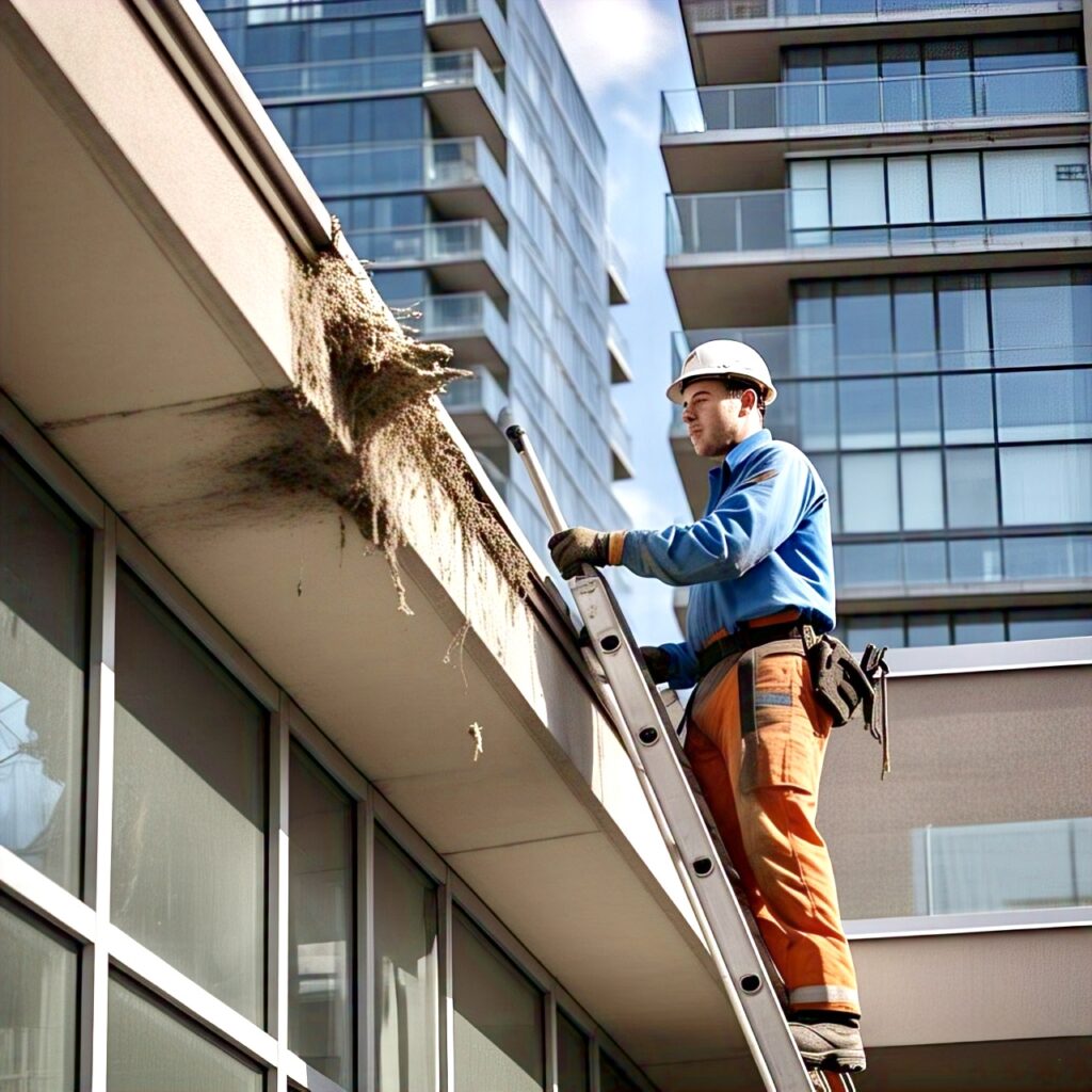 Worker cleaning building exterior from ladder