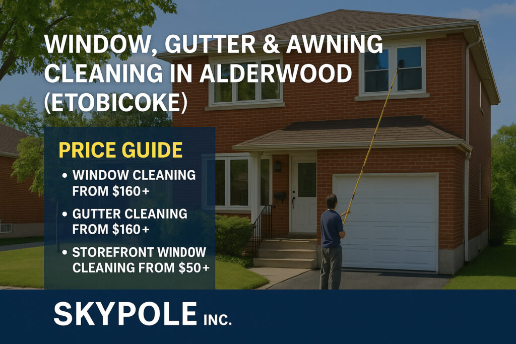 Worker cleaning house windows with extended pole in Alderwood, Etobicoke