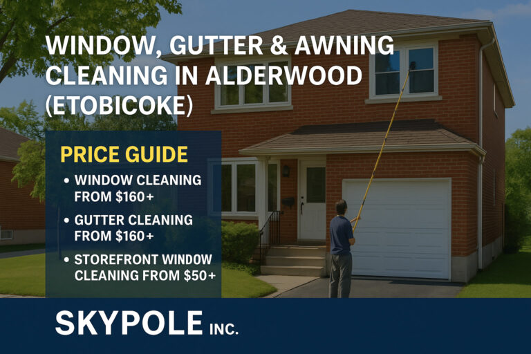 Worker cleaning house windows with extended pole in Alderwood, Etobicoke