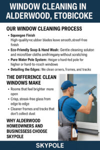 A Skypole window cleaning technician using a squeegee on a bright, streak-free window of a two-story home in Alderwood, Etobicoke. The worker wears a blue uniform with the Skypole logo.