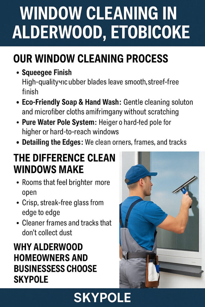 A Skypole window cleaning technician using a squeegee on a bright, streak-free window of a two-story home in Alderwood, Etobicoke. The worker wears a blue uniform with the Skypole logo.