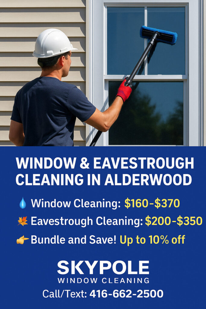 Worker cleaning window, promotional service pricing listed for Alderwood