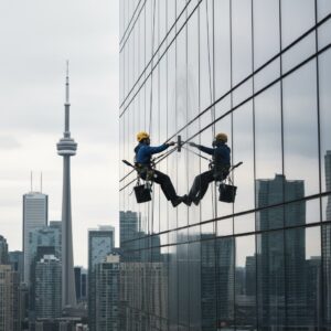 Window cleaners working on skyscraper with Toronto skyline