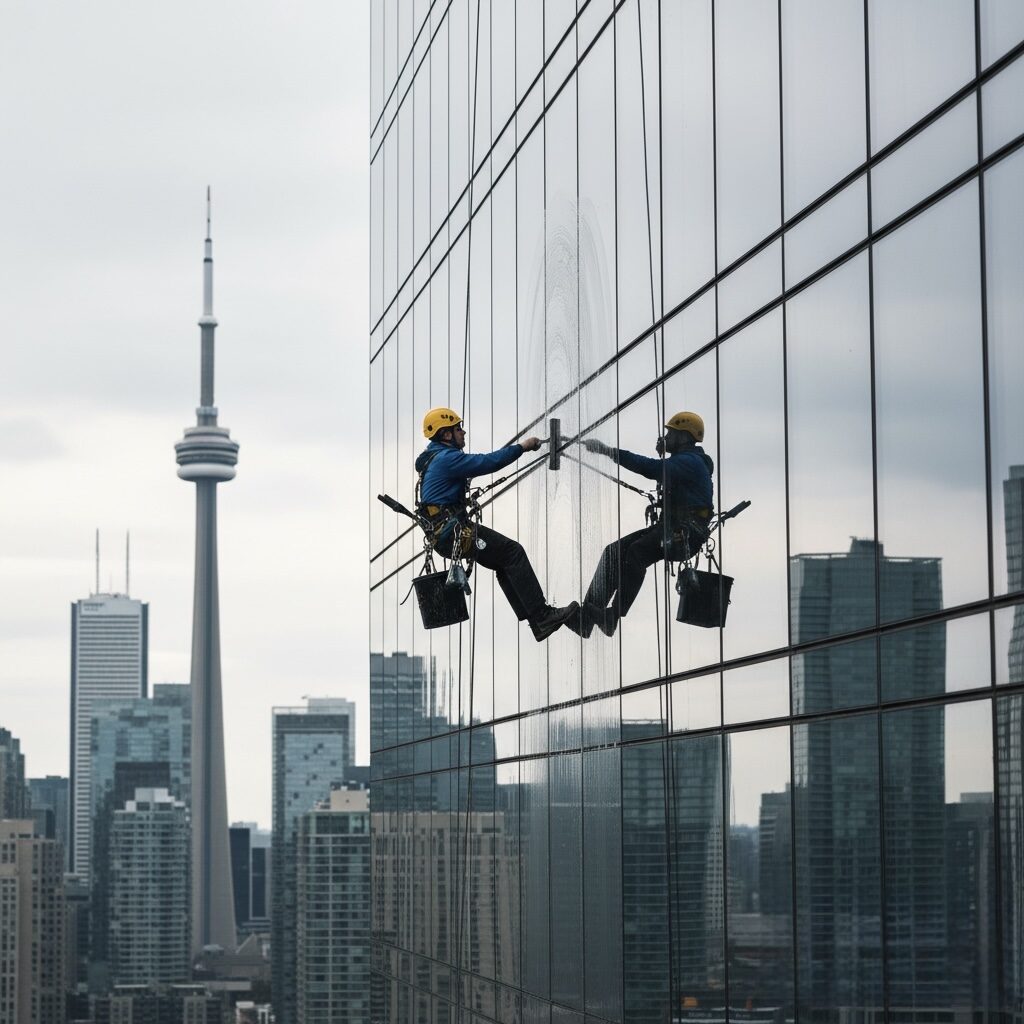 Window cleaners working on skyscraper with Toronto skyline