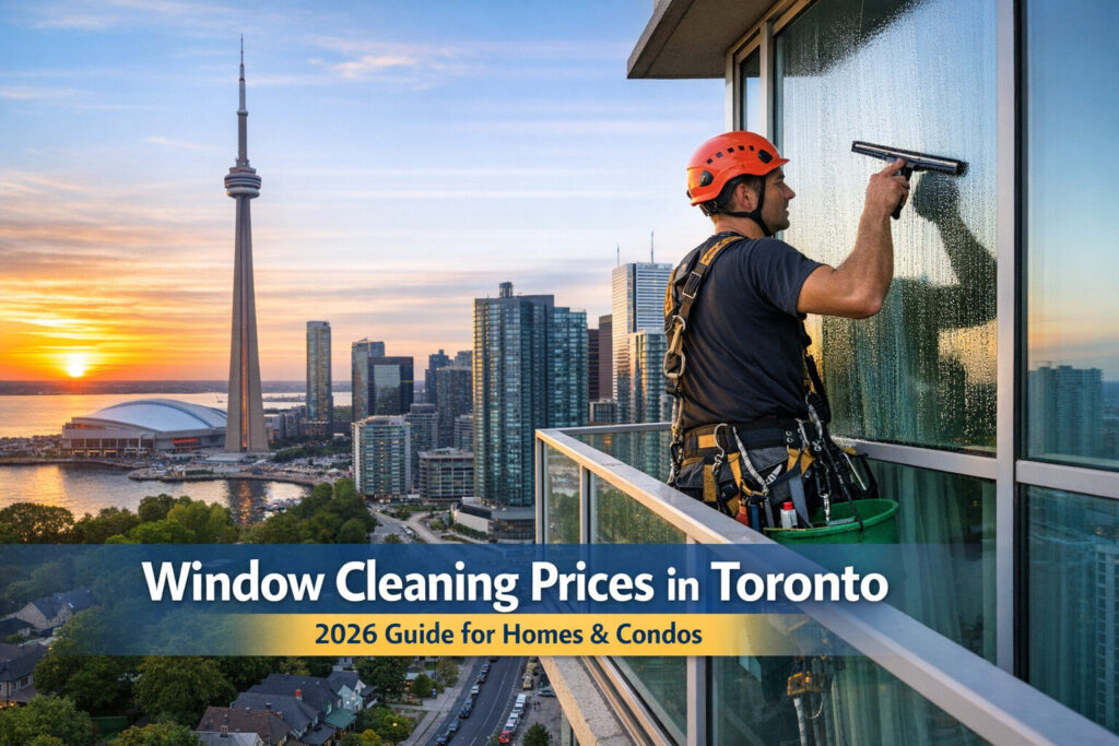 Window cleaner working high above Toronto skyline