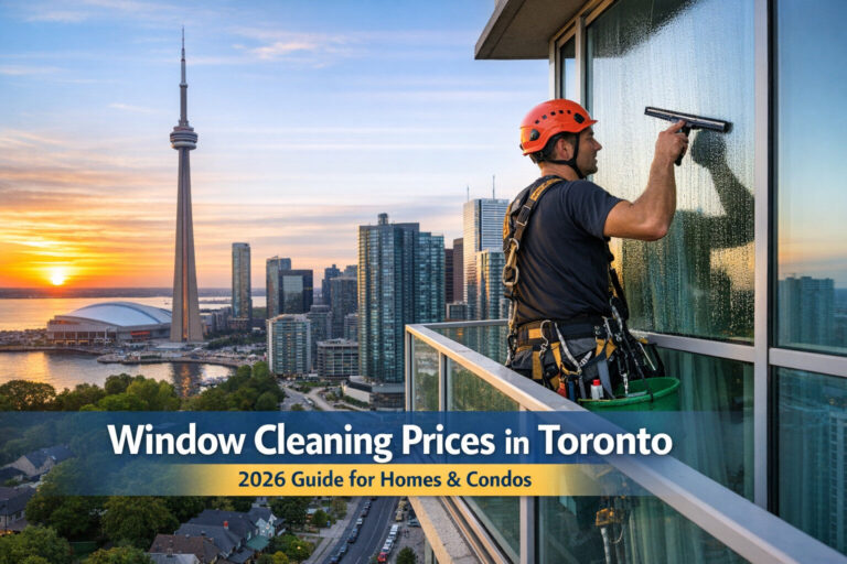 Window cleaner working high above Toronto skyline