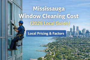 Picture of window cleaner on a high building looking at Mississauga and lake front